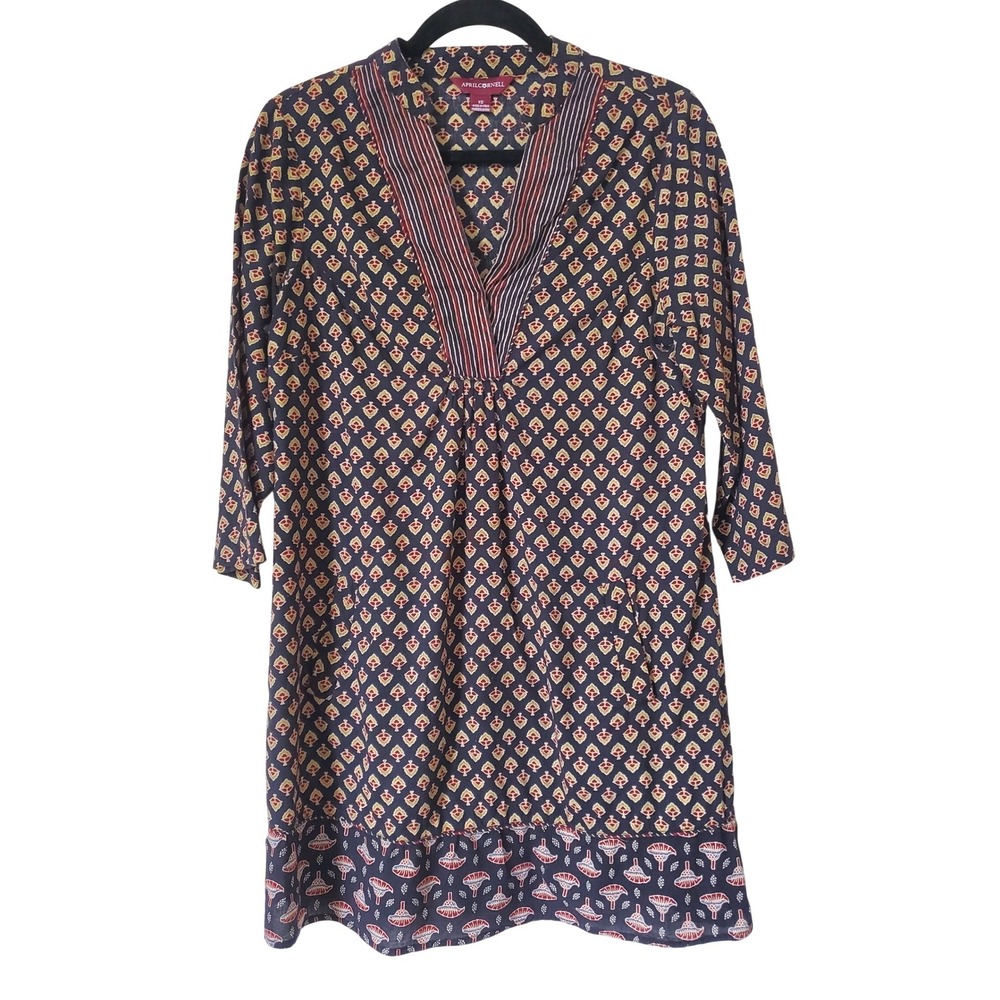 April Cornell Womens XS Floral Print V-Neck 3/4 Sleeve Dress Bohemian Tunic